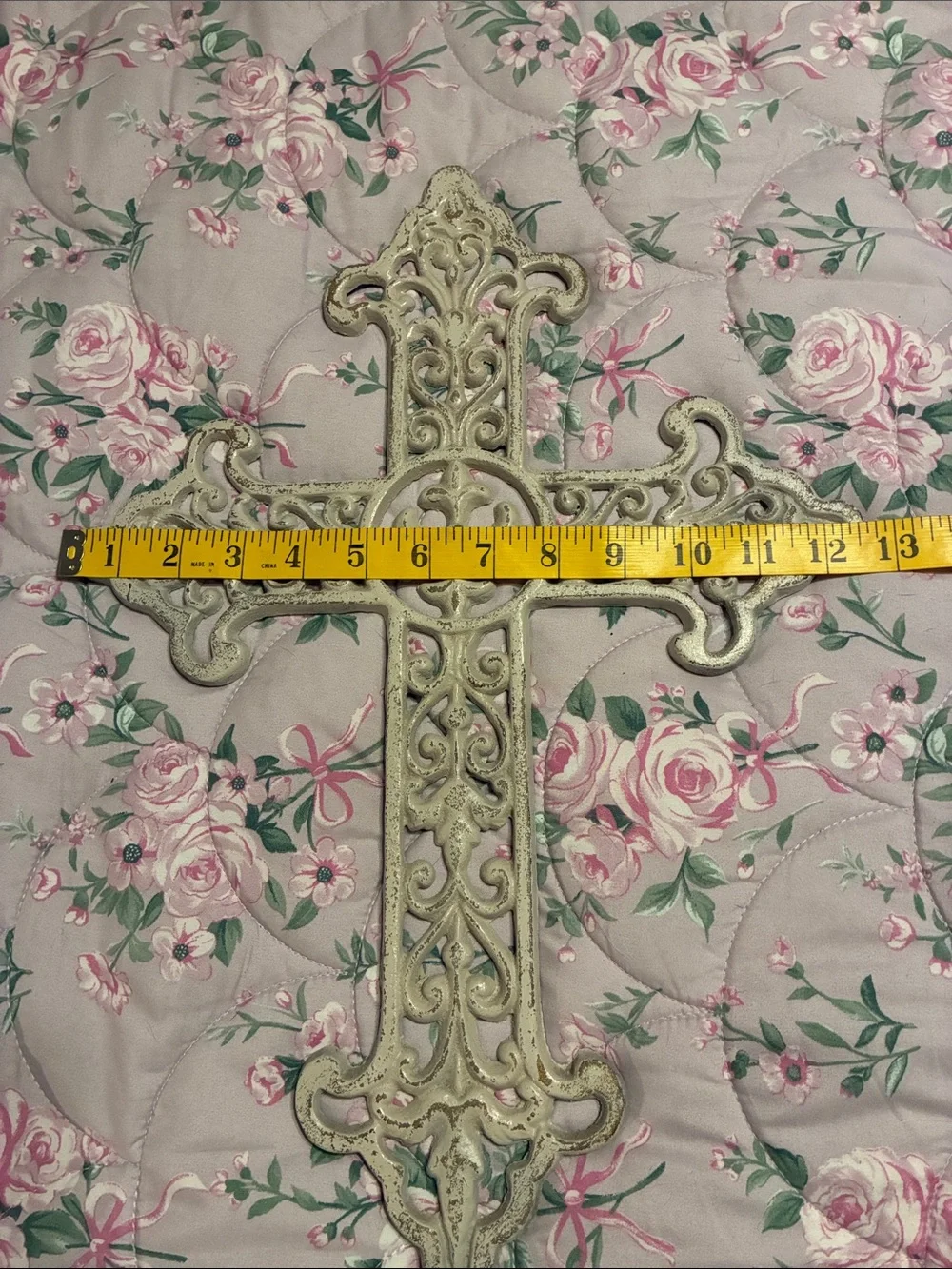 Large Ornate Cast Iron Wall Cross in Distressed Cream